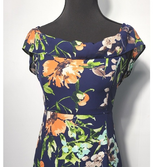 Chocolate Floral Maxi Dress  Blue Orange Flowers Ruffle Neckline Party Size S - Picture 3 of 9